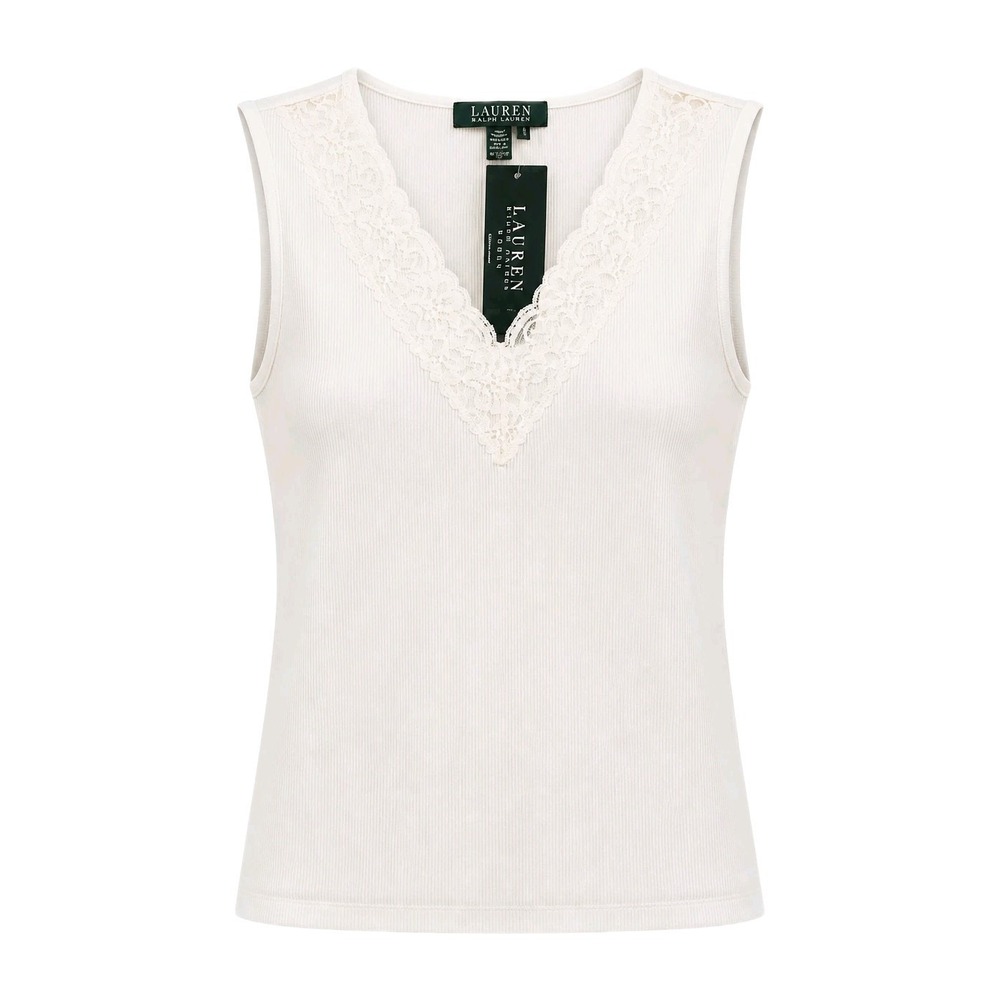 Ralph Lauren Lace Trim V-Neck Tank Top Women 1X White 100% Cotton Ribbed Capsule